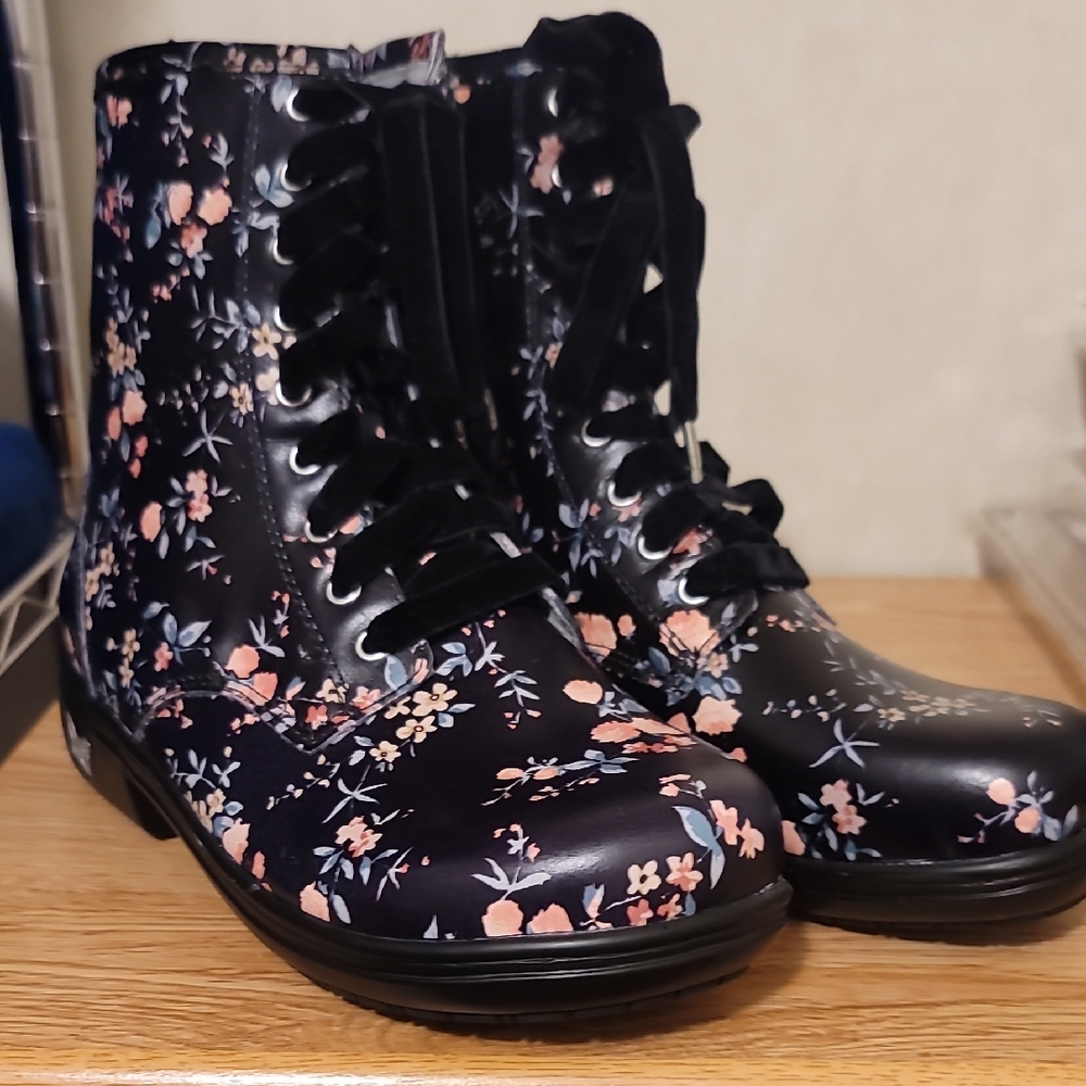 Alegria Black & Floral Lace-Up Ankle Boots - Size 37
